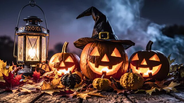 Jack-o-lanterns glow on a rustic wooden table at night. Carved pumpkins wear a witch hat, surrounded by autumn leaves and a vintage lantern.