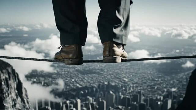 Man Walking on Tightrope Over City - Courage and Risk.