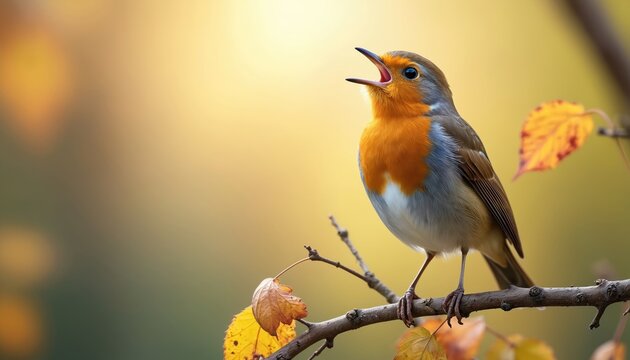 Small robin bird sits on tree branch singing. Orange breasted avian has open beak, chirping outdoors in soft sunlight. Autumn leaves fall around.