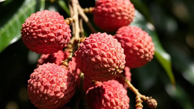 Fresh lychee fruits ripen on a tropical tree branch. Their vibrant red, spiky skin indicates ripeness. Healthy organic food.