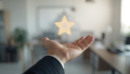 Businessman presenting a glowing star symbol in modern office