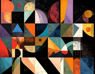 Geometric artwork of squares and triangles with cosmic/planetary themes, dark backdrop