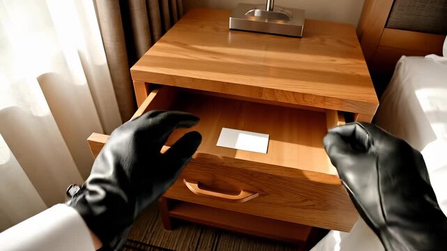 A person wearing black gloves opens a drawer in a hotel room.