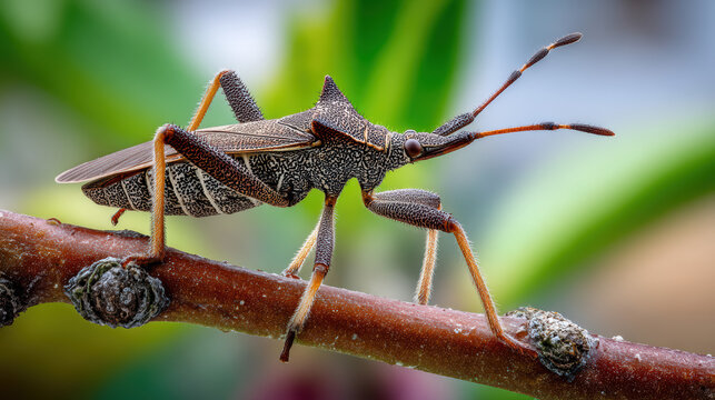 macro photography of a leaf-footed bug on a vibrant green leaf