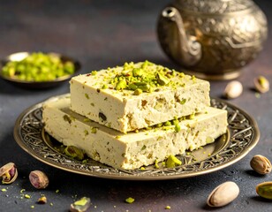 Stacked halva dessert, plated, with pistachios and ornate teapot backdrop