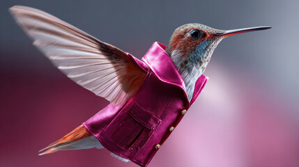 Obraz premium Hummingbird pink jacket flying bird surreal animal fashion concept luxury coat colorful feather fantasy art midair motion studio lighting joyful hummingbird wearing glossy pink jacket flies