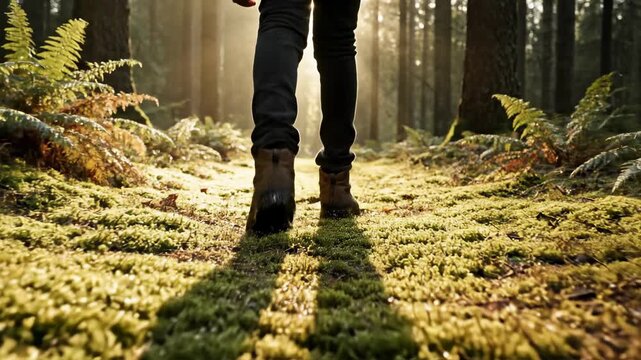 Person walking through a sunlit forest floor covered in moss and ferns.