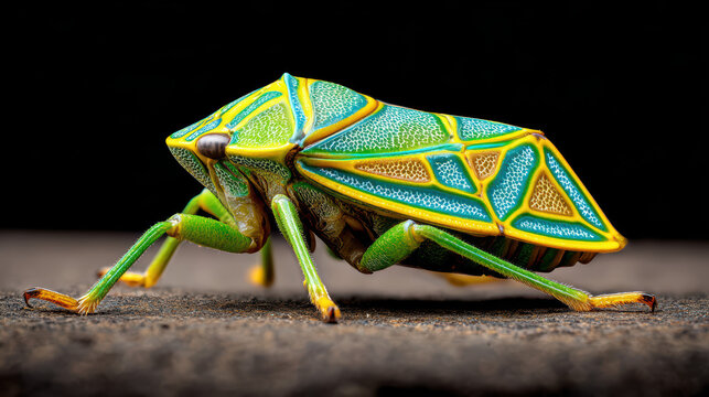 colorful treehopper insect side view on vibrant foliage