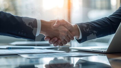 Business partners shaking hands over a deal in modern office
