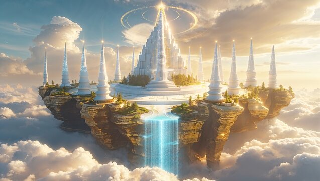 Fantasy scene with white heaven city with golden temples and energy waterfalls, floating above the sky. The realm of Gods	
