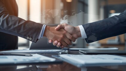 Business partners shaking hands over a deal in modern office
