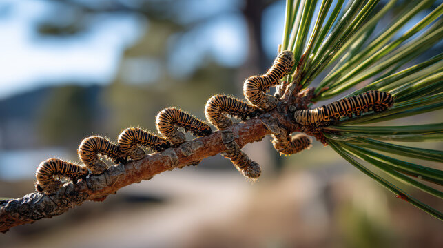 processional caterpillars on a path in nature