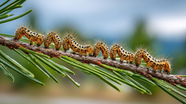 processional caterpillars on a path in nature