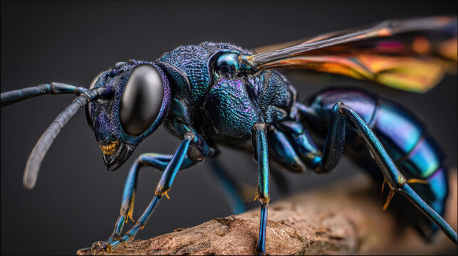 close-up of a metallic blue mud dauber insect