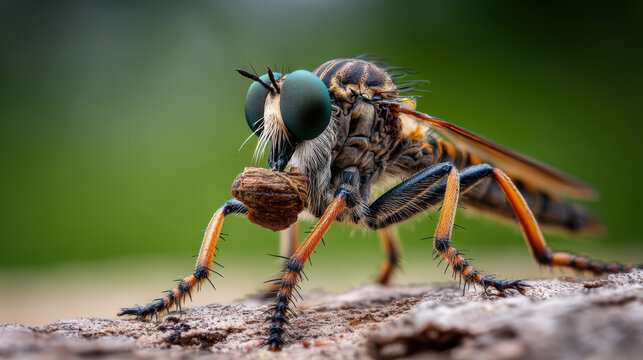macro view of robber fly capturing its prey