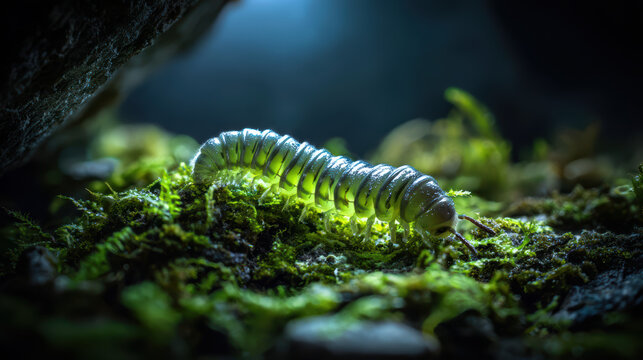 glowing glow-worm in a dark mossy cave