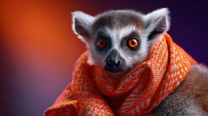 Obraz premium Surreal lemur portrait orange scarf fashion animal neon light vivid color studio close up humorous expression soft fur detail modern art vibe