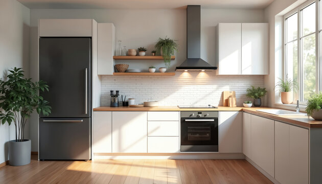 Modern L-shaped kitchen features sleek black fridge white cabinets wood counters. Bright natural light streams through window illuminating tidy space with plants.