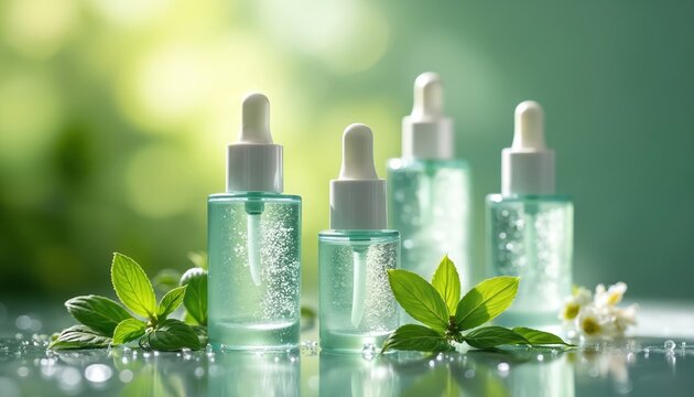 Cosmetic serum bottles with natural plant leaves and water drops. Light green liquid in dropper bottles. Botanical skincare for radiant skin.