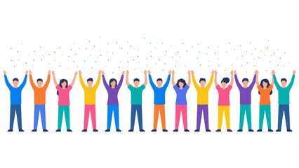 目標を達成し、ひらひらと舞う紙吹雪の中でバンザイ歓喜する多様なビジネスチームのイラストです。仲間と肩を組み、笑顔で勝利を分かち合う様子は、組織の強固な結束と明るい未来への希望を表現しています。企業の記念イベントや求人広告などで、前向きな活力を伝えます。