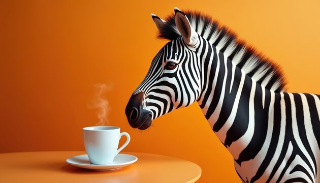 Zebra enjoying hot coffee steaming from white cup on orange table. Animal portrait with striped fur detailed. Morning caffeine ritual in cozy cafe setting.