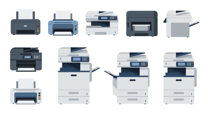 Collection of various office printers and multifunction devices.