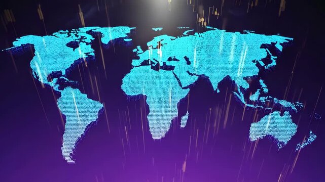 world map on blue background Data streams moving across the map, light pulses on key points, slow cinematic motion 4K 