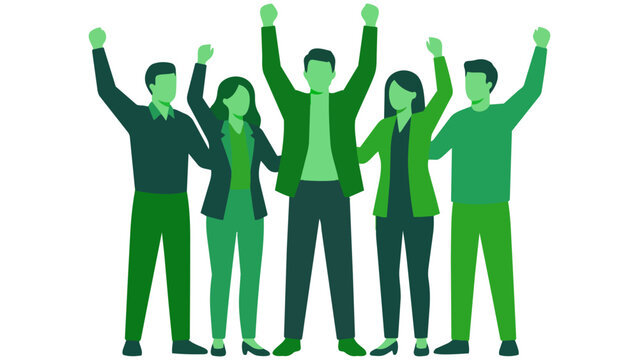 目標を達成し、ひらひらと舞う紙吹雪の中でバンザイ歓喜する多様なビジネスチームのイラストです。仲間と肩を組み、笑顔で勝利を分かち合う様子は、組織の強固な結束と明るい未来への希望を表現しています。企業の記念イベントや求人広告などで、前向きな活力を伝えます。