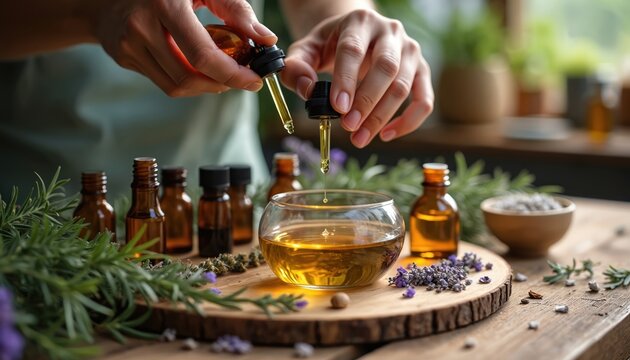 Person mixes natural essential oils in glass bowl for perfume creation. Amber bottles herbs and lavender surround wooden tray. DIY scent making hobby.
