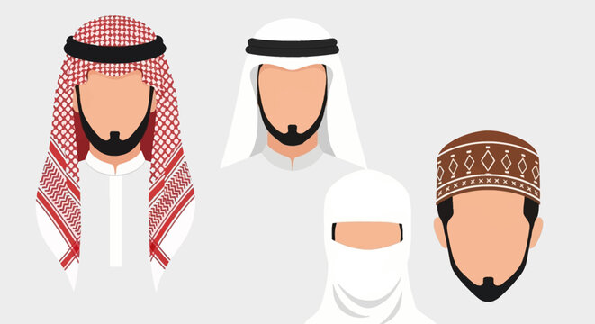 Illustration of men wearing traditional Arabic clothing and headwear.