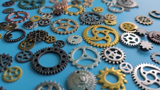 Gears and cogs displayed on a blue surface for crafting and creative projects