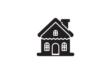 Fototapeta premium Gingerbread house silhouette with snowy roof and arched door isolated on white background black icon representing winter holiday cottage building