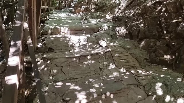Aged stone footbridge in shaded Cyprus gorge