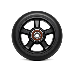 Obraz premium A black wheel is shown with a five-spoke design on a white surface. The wheel has a shiny bearing in the center. This shows details of the construction and design used in various vehicles