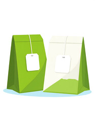 Two tea bags, one green and one white, with tags, against a white background
