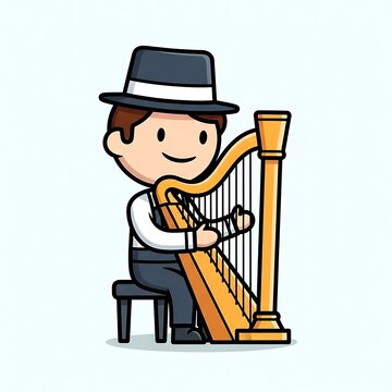 Cartoon Harpist Playing Musical Instrument.