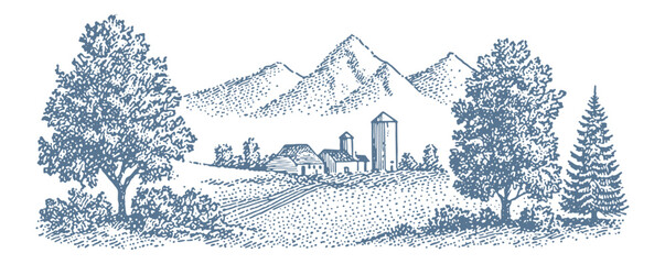 Naklejka premium Vintage farm landscape with mountains and trees in a detailed black and white illustration style.