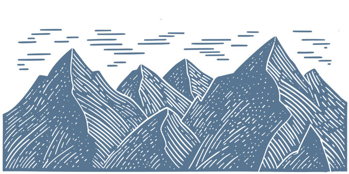 Stylized linocut black and white mountain range illustration with dramatic peaks and textured shading.
