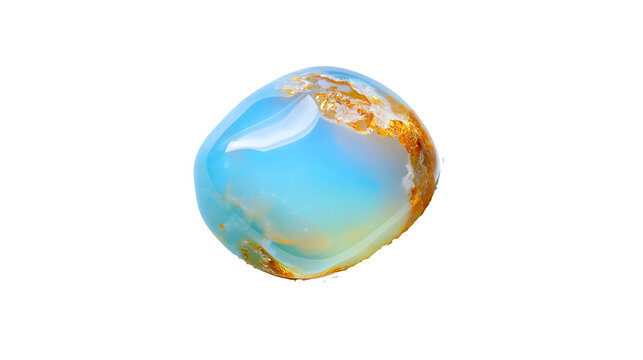 Natural Blue Opal pebble, polished mineral with amber inclusions, soothing stone, communication crystal, semi-precious gemstone isolated on white.