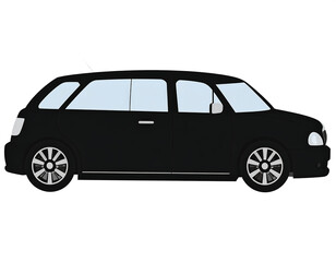 Black hatchback car, side view. White windows. Simple, clean illustration. Isolated on white