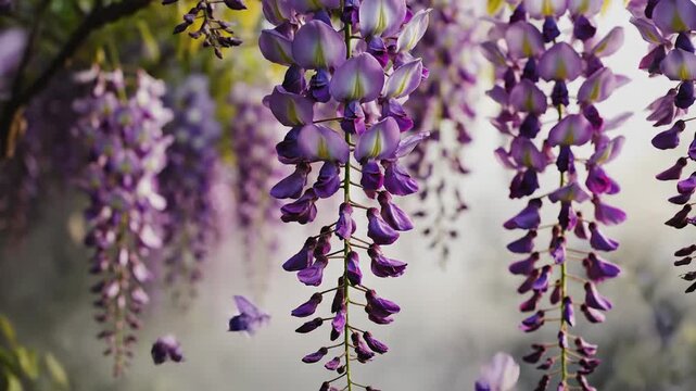 Purple flower cluster hanging with natural light and soft background featuring wisteria leaves