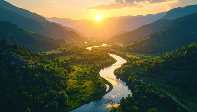 River bend in valley, magic hour, adventure composition 