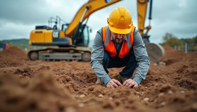 Geotechnical engineer inspects dirt at construction site. Man wears hard hat vest, examines ground for building project. Excavator machine nearby, worker checks soil density.