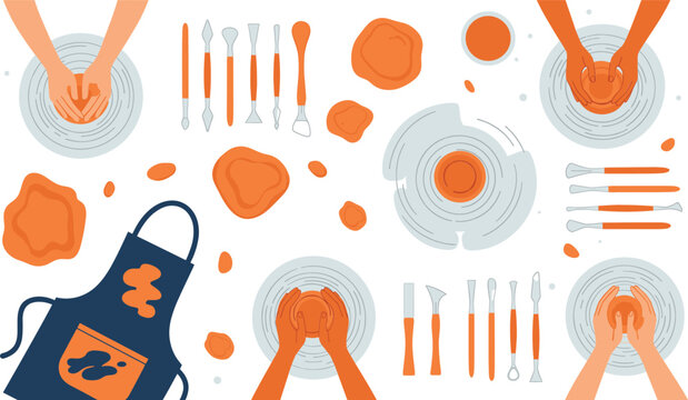 Pottery workshop illustration with hands molding clay on wheel, sculpting tools and ceramic craft process elements