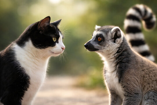 Hachiware cat and ring-tailed lemur gazing at each other with curiosity