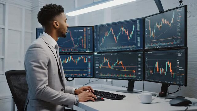 Charts updating smoothly, subtle screen glow changes, small head movement, gentle camera drift 4K
