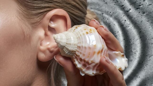 Close up of a person listening to a seashell.
