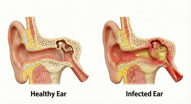 Healthy Middle Ear vs Otitis Media Infection Anatomy Comparison