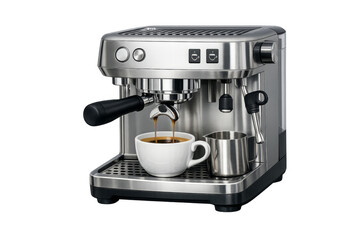 Espresso coffee machine brewing fresh drink into a white cup