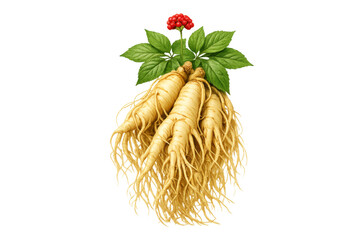 Fototapeta premium Ginseng roots with leaves and red berries on transparent background